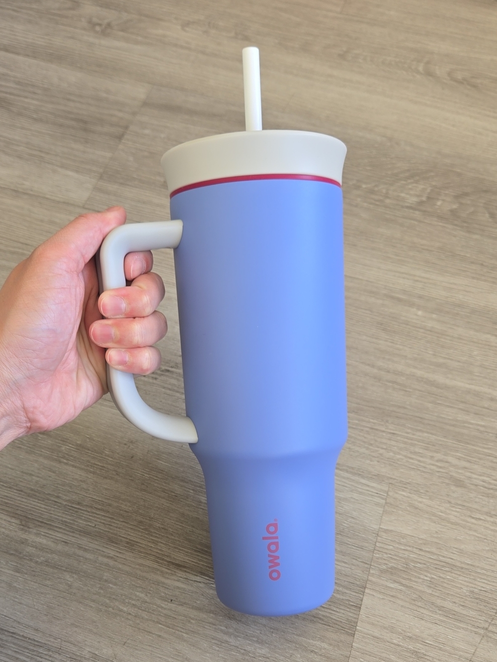 Owalo Lilac Insulated Travel Tumbler with White Handle and Pink Trim